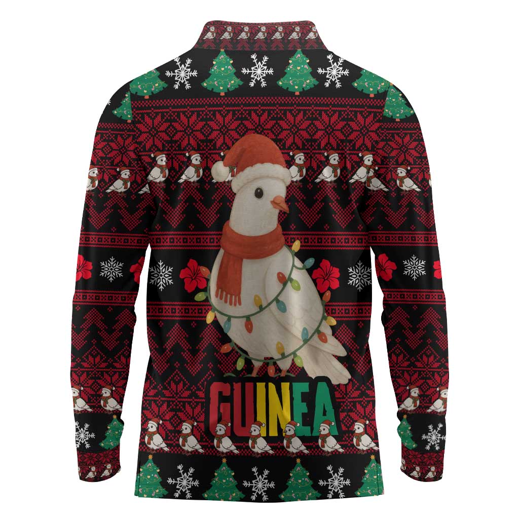 Guinea Christmas Long Sleeve Polo Shirt Festive Dove String Lights and Red Black Holiday - African Pride