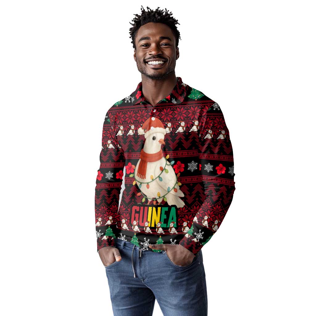 Guinea Christmas Long Sleeve Polo Shirt Festive Dove String Lights and Red Black Holiday - African Pride