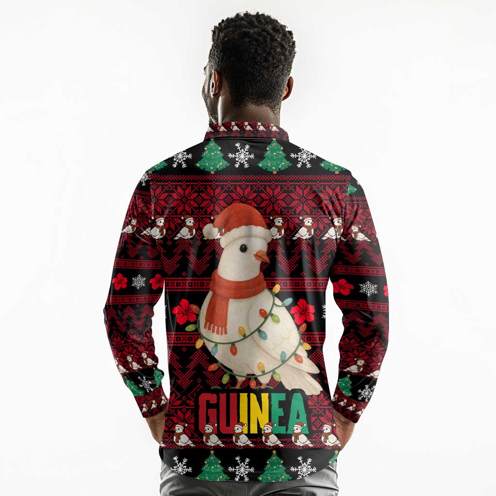 Guinea Christmas Long Sleeve Polo Shirt Festive Dove String Lights and Red Black Holiday - African Pride