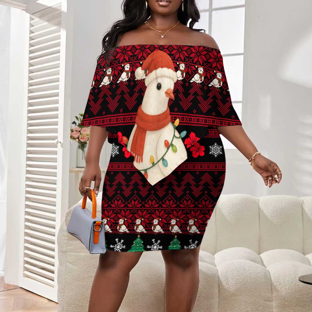 Guinea Christmas Off Shoulder Short Dress Festive Dove String Lights and Red Black Holiday - African Pride
