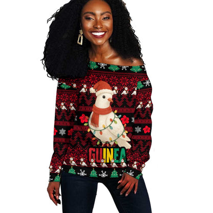Guinea Christmas Off Shoulder Sweater Festive Dove String Lights and Red Black Holiday - African Pride