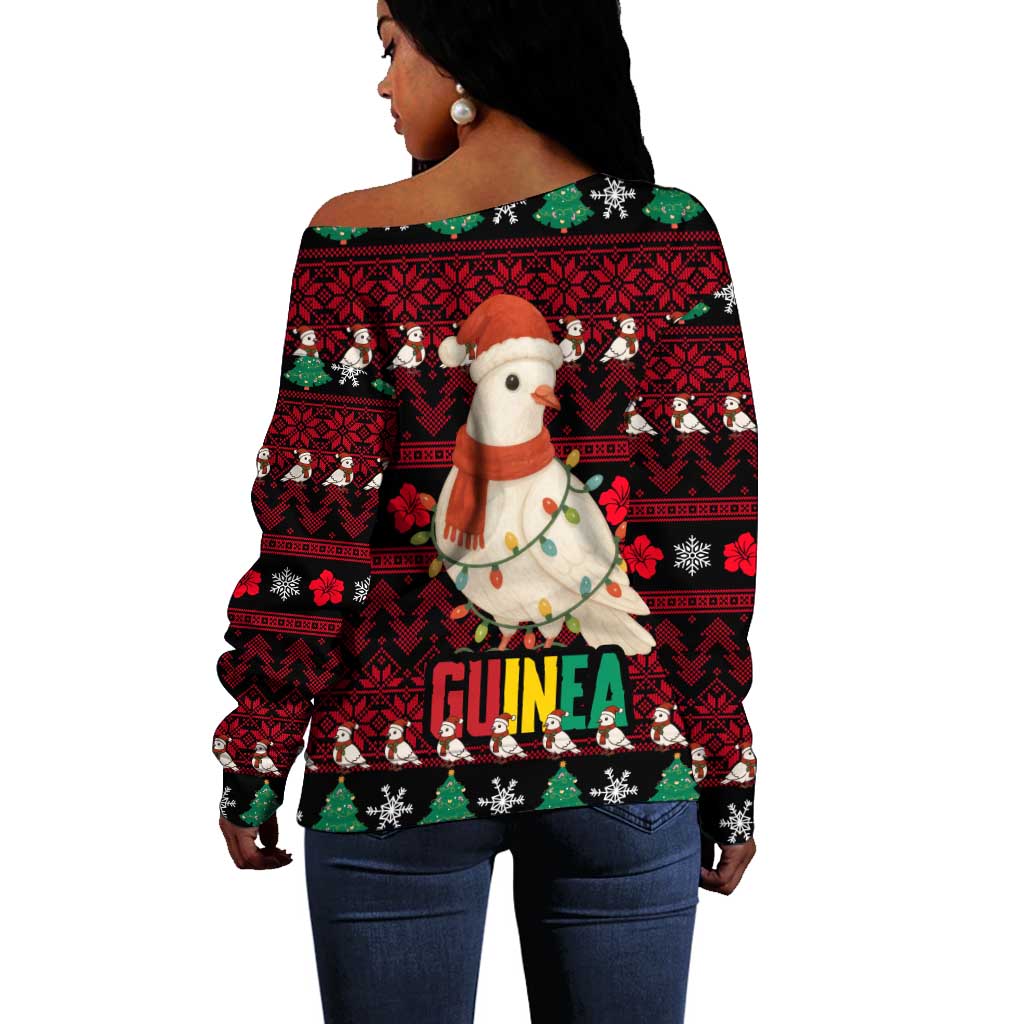 Guinea Christmas Off Shoulder Sweater Festive Dove String Lights and Red Black Holiday - African Pride