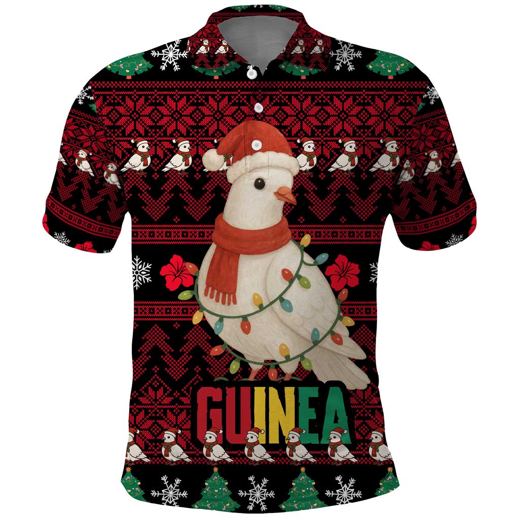 Guinea Christmas Polo Shirt Festive Dove String Lights and Red Black Holiday - African Pride