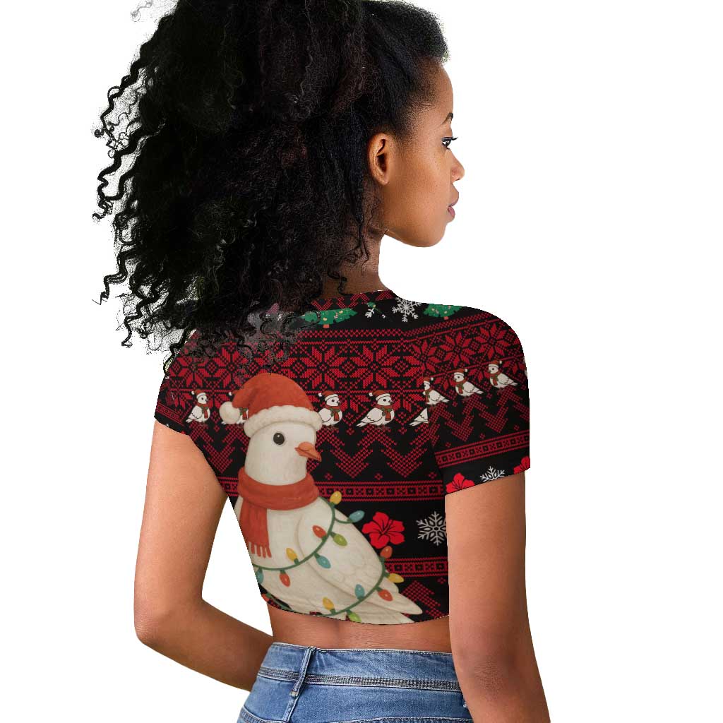 Guinea Christmas Raglan Cropped T shirt Festive Dove String Lights and Red Black Holiday - African Pride