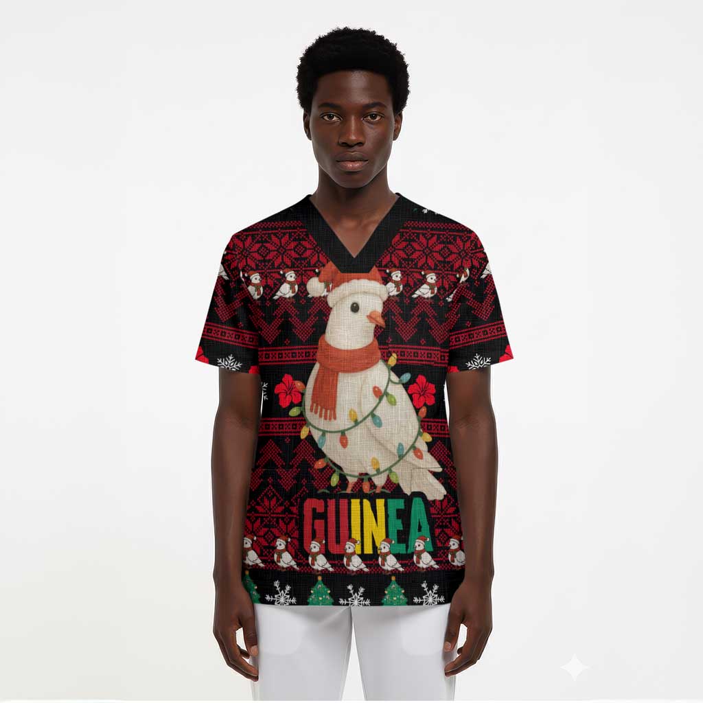 Guinea Christmas Scrub Top Festive Dove String Lights and Red Black Holiday - African Pride