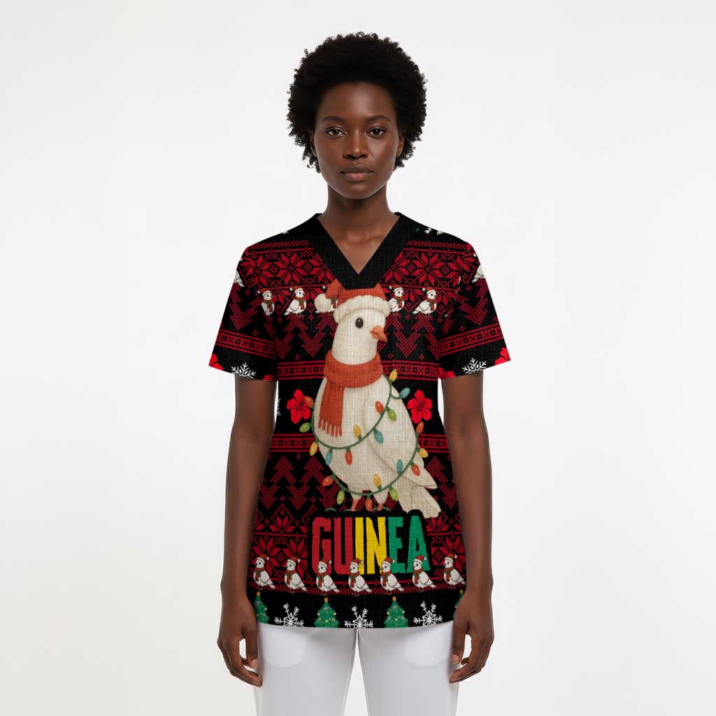 Guinea Christmas Scrub Top Festive Dove String Lights and Red Black Holiday - African Pride
