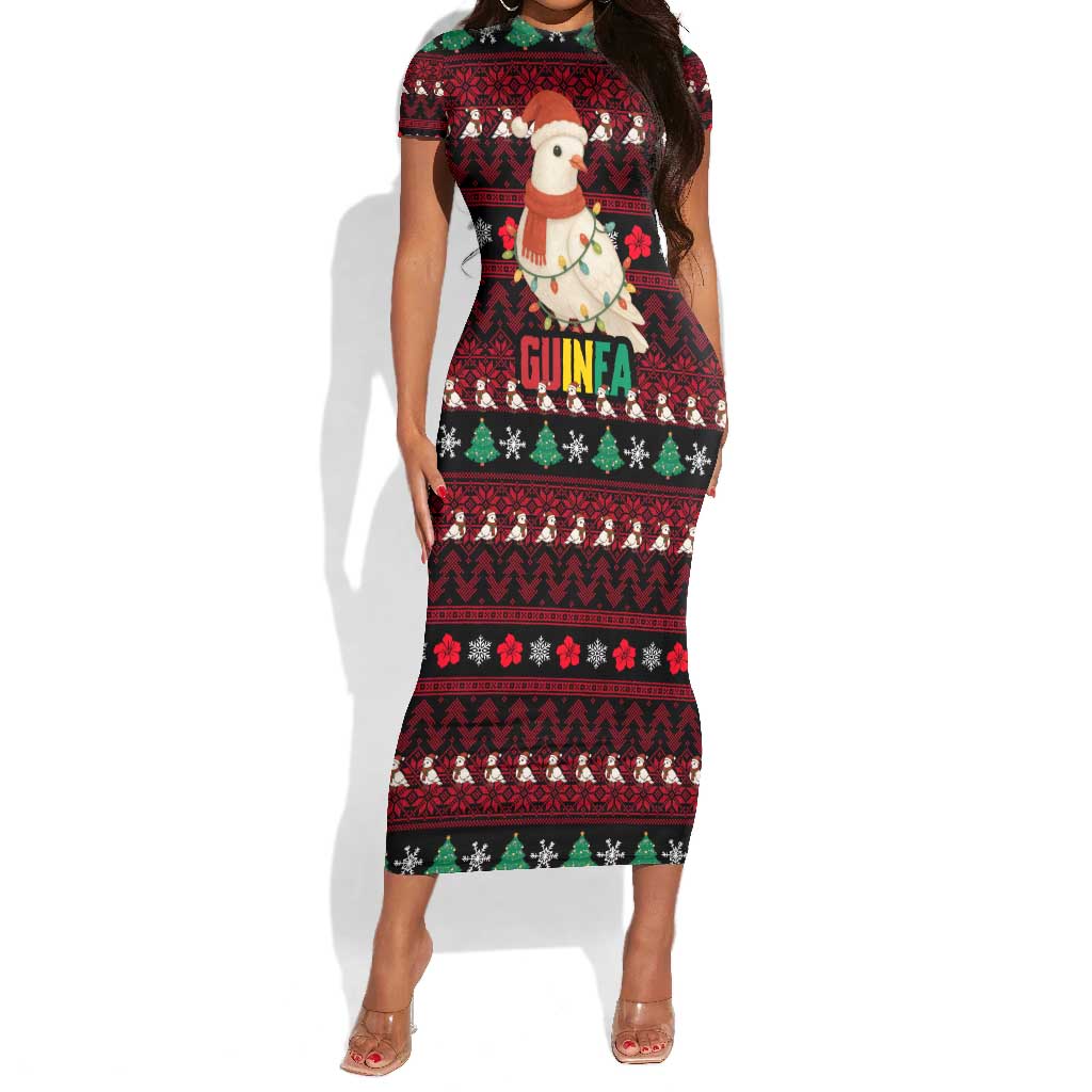 Guinea Christmas Short Sleeve Bodycon Dress Festive Dove String Lights and Red Black Holiday - African Pride
