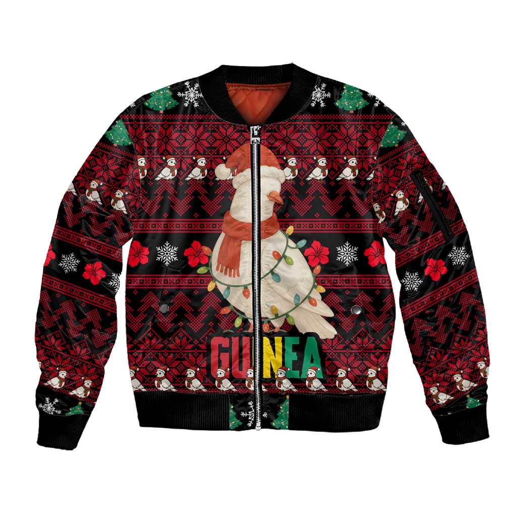 Guinea Christmas Sleeve Zip Bomber Jacket Festive Dove String Lights and Red Black Holiday - African Pride