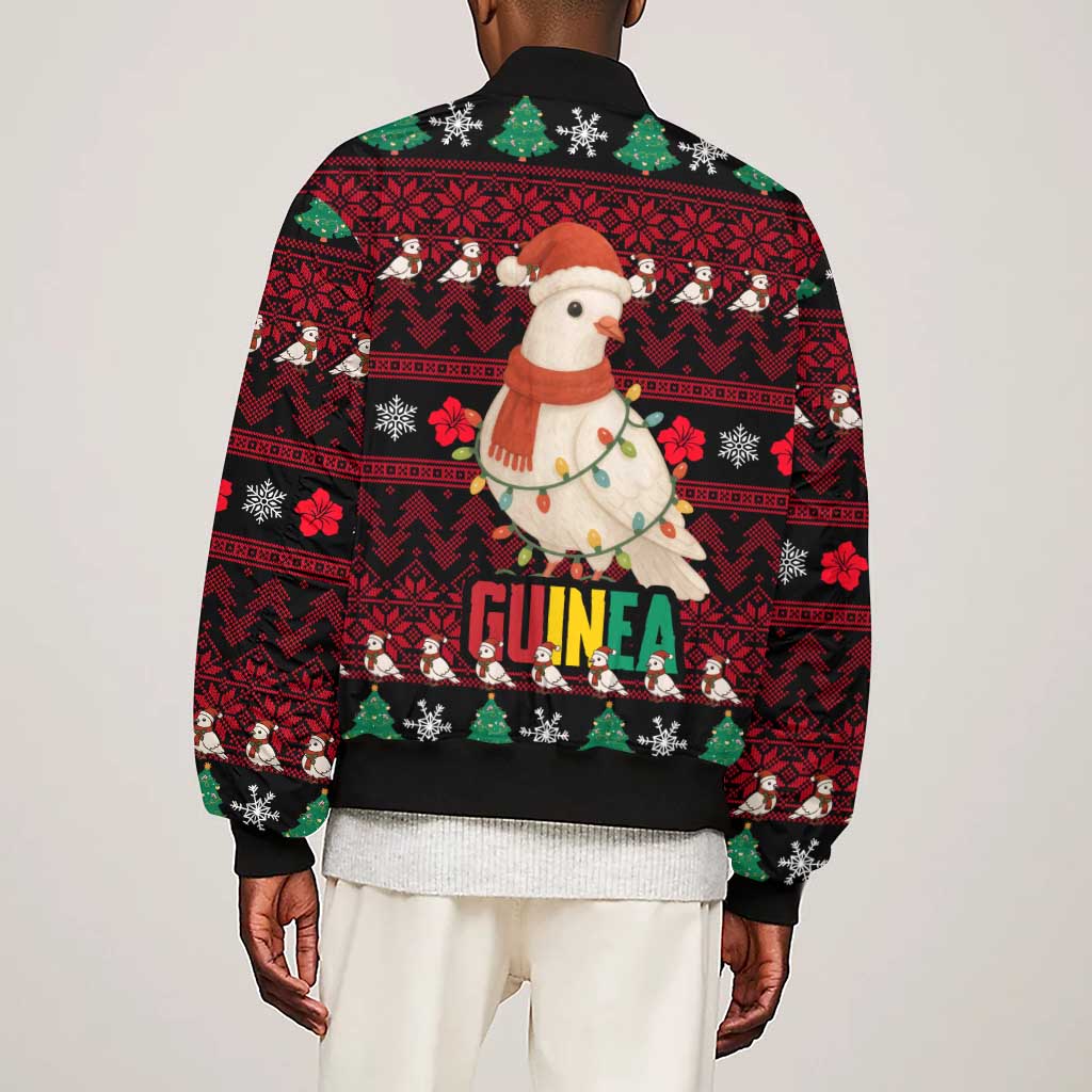 Guinea Christmas Sleeve Zip Bomber Jacket Festive Dove String Lights and Red Black Holiday - African Pride