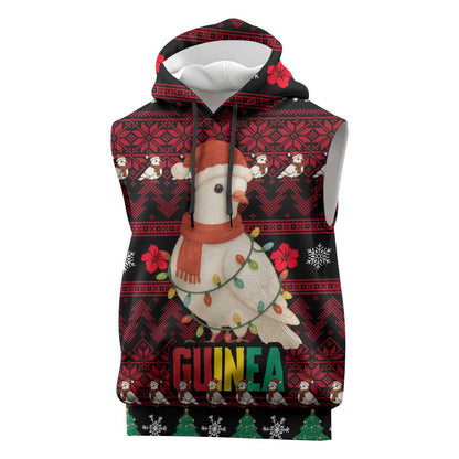 Guinea Christmas Sleeveless Hoodie Festive Dove String Lights and Red Black Holiday - African Pride