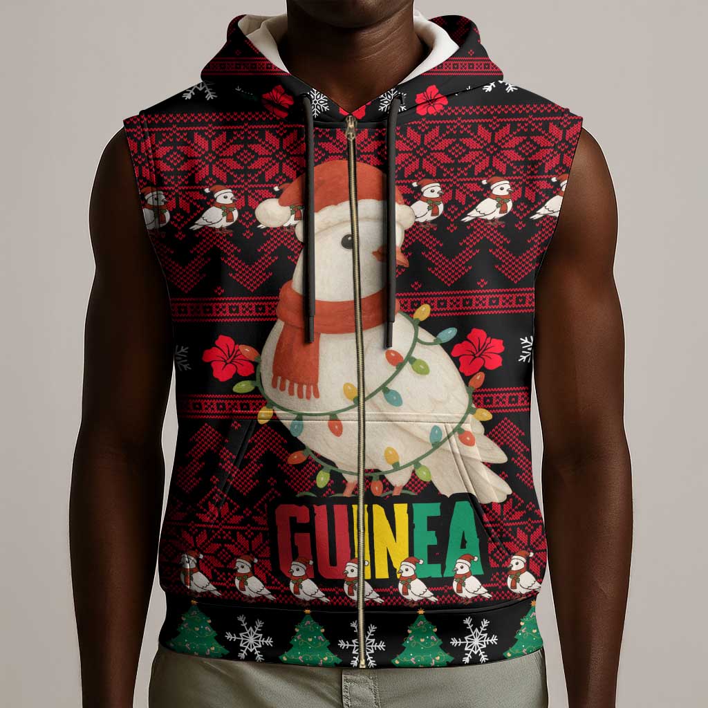 Guinea Christmas Sleeveless Zip Hoodie Festive Dove String Lights and Red Black Holiday - African Pride