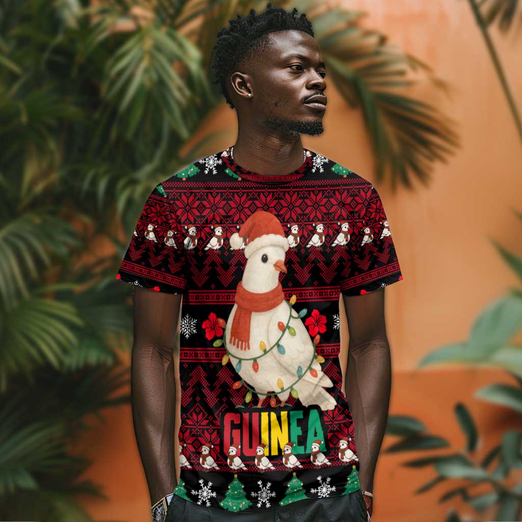 Guinea Christmas T shirt Festive Dove String Lights and Red Black Holiday - African Pride
