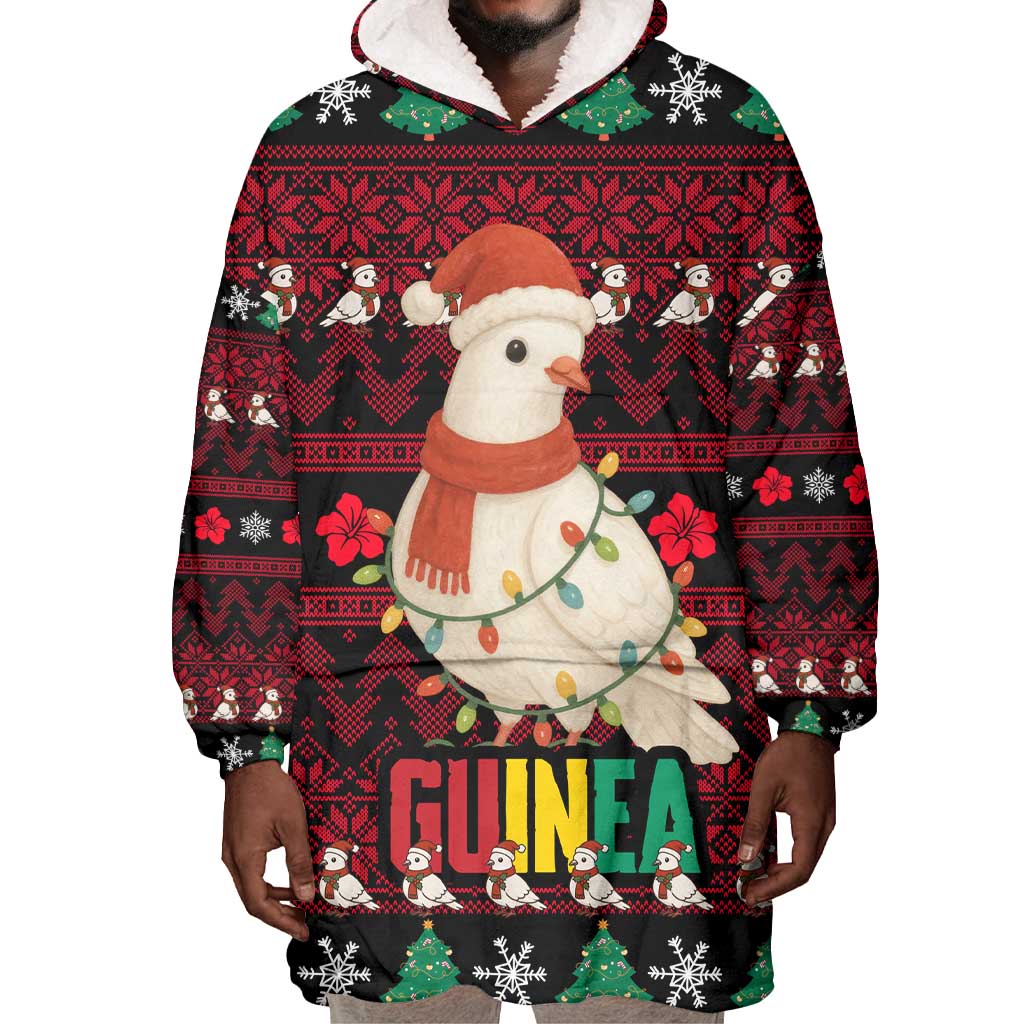 Guinea Christmas Wearable Blanket Hoodie Festive Dove String Lights and Red Black Holiday - African Pride