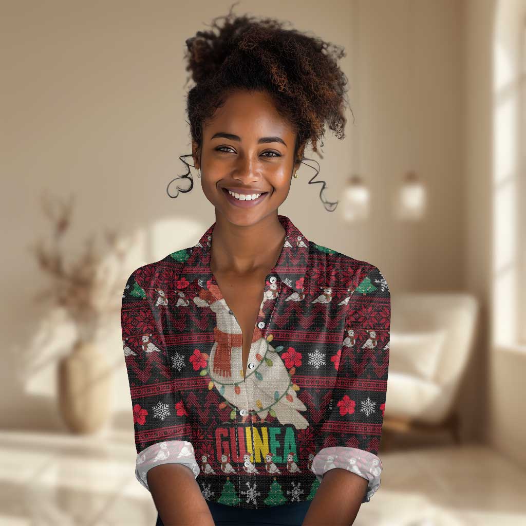 Guinea Christmas Women Casual Shirt Festive Dove String Lights and Red Black Holiday - African Pride