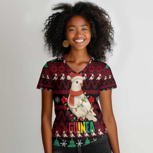 Guinea Christmas Women V-Neck T-Shirt Festive Dove String Lights and Red Black Holiday - African Pride