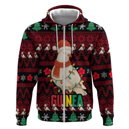 Guinea Christmas Zip Hoodie Festive Dove String Lights and Red Black Holiday - African Pride