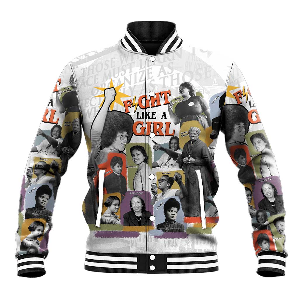 Black History Fight Like A Girl Baseball Jacket African Feminist Icons and Bold Retro Art Style - African Pride