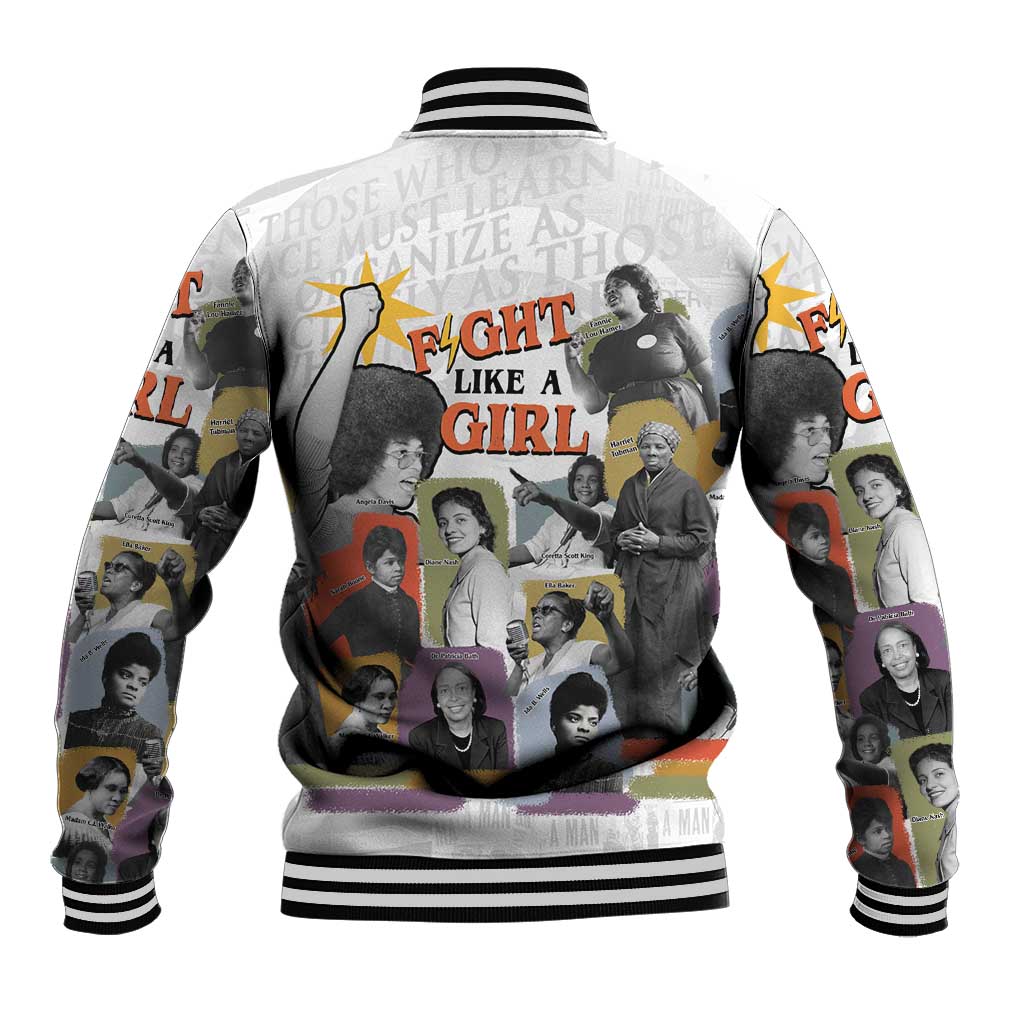 Black History Fight Like A Girl Baseball Jacket African Feminist Icons and Bold Retro Art Style - African Pride