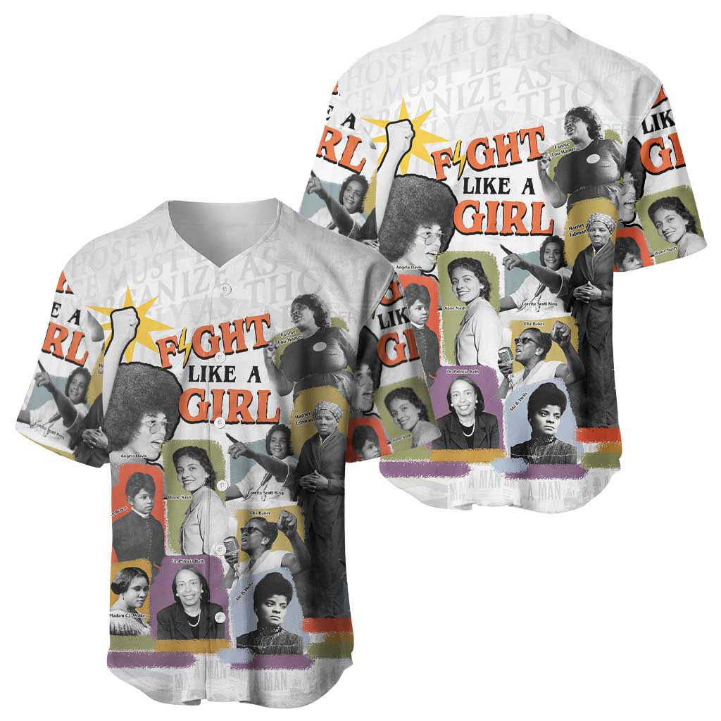 Black History Fight Like A Girl Baseball Jersey African Feminist Icons and Bold Retro Art Style - African Pride