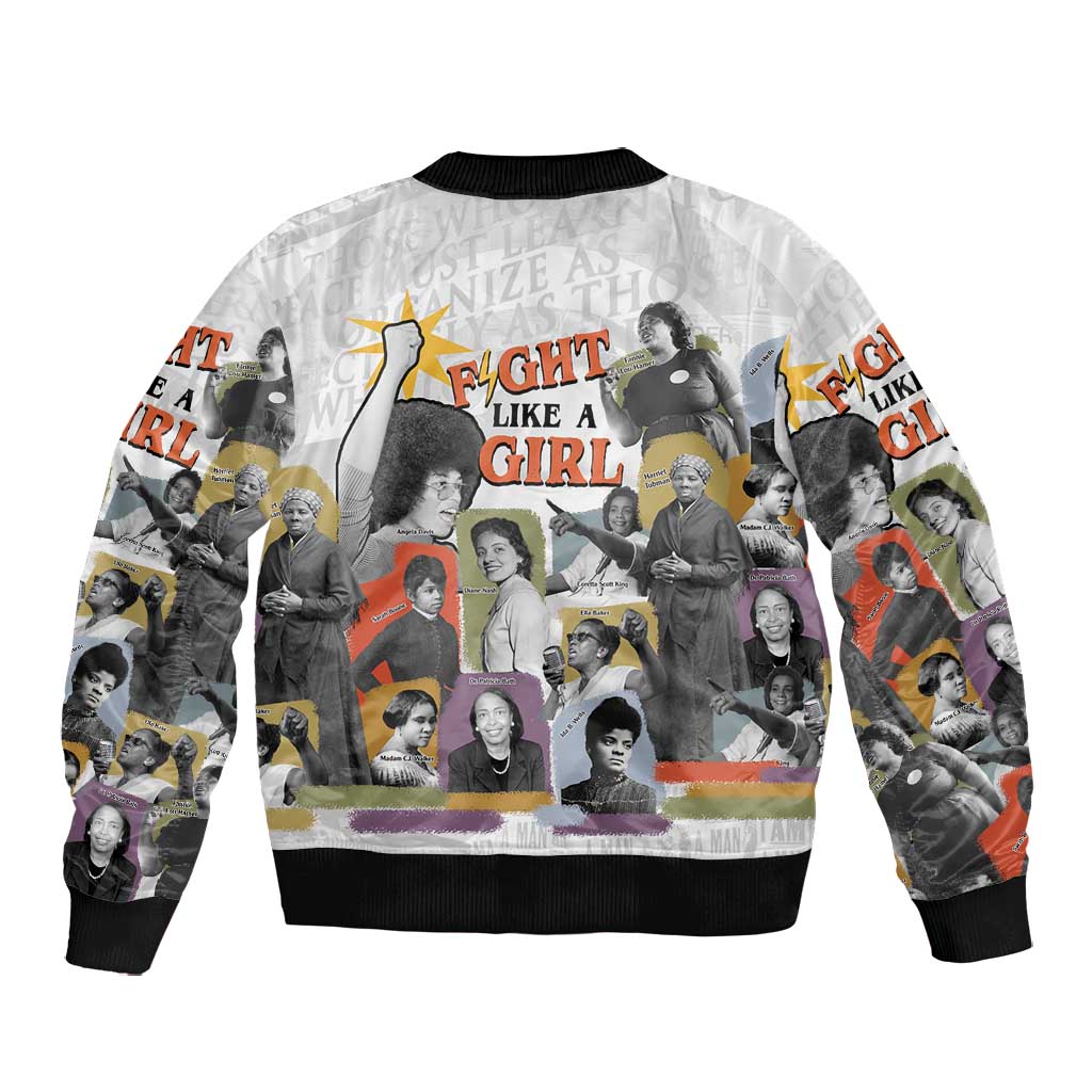 Black History Fight Like A Girl Bomber Jacket African Feminist Icons and Bold Retro Art Style - African Pride