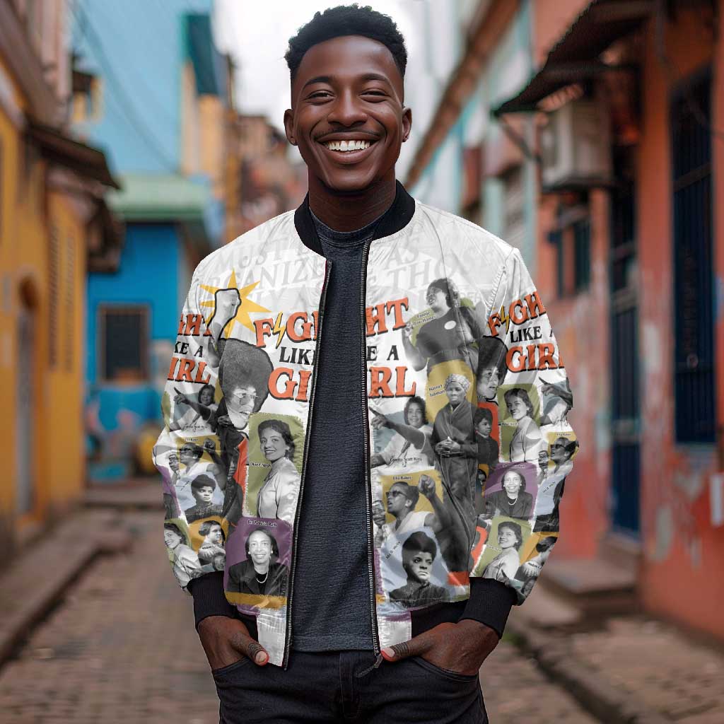 Black History Fight Like A Girl Bomber Jacket African Feminist Icons and Bold Retro Art Style - African Pride