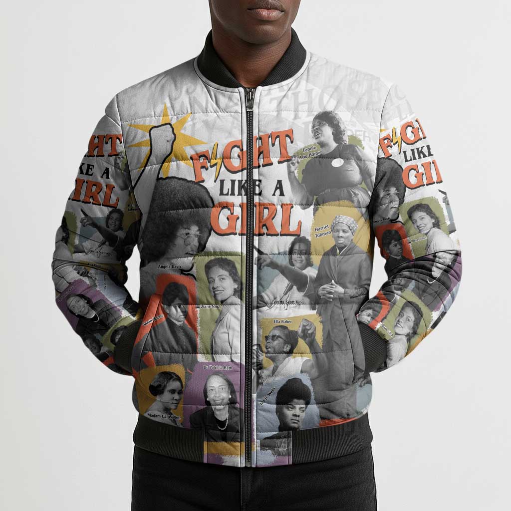 Black History Fight Like A Girl Bomber Puffer Jacket African Feminist Icons and Bold Retro Art Style - African Pride