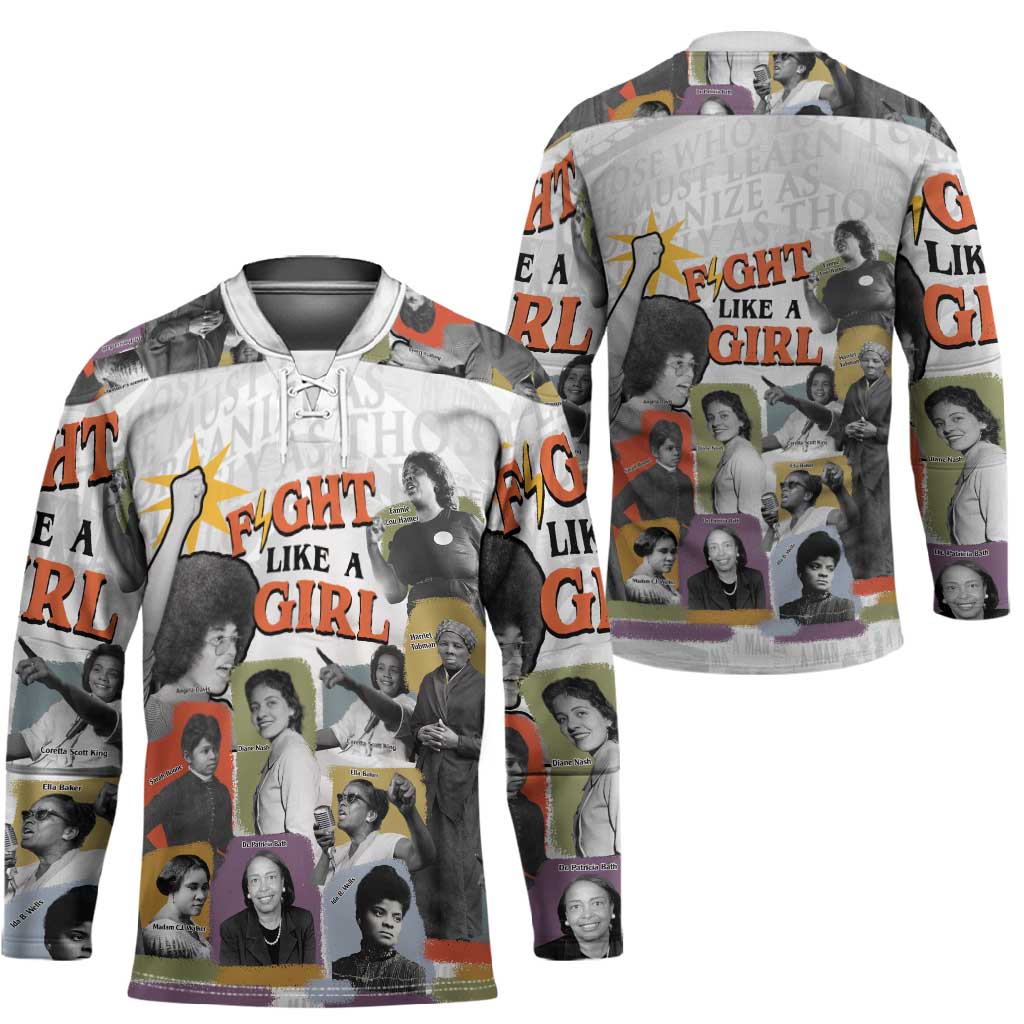 Black History Fight Like A Girl Hockey Jersey African Feminist Icons and Bold Retro Art Style - African Pride