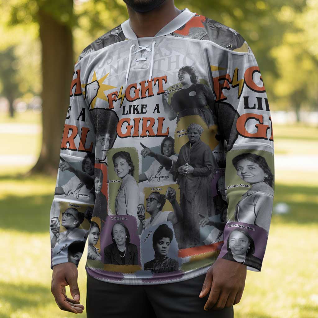 Black History Fight Like A Girl Hockey Jersey African Feminist Icons and Bold Retro Art Style - African Pride