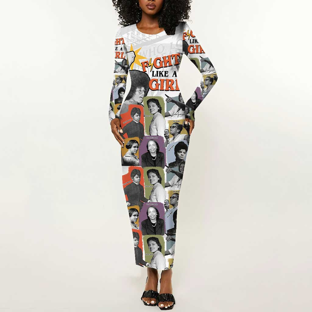 Black History Fight Like A Girl Long Sleeve Bodycon Dress African Feminist Icons and Bold Retro Art Style - African Pride