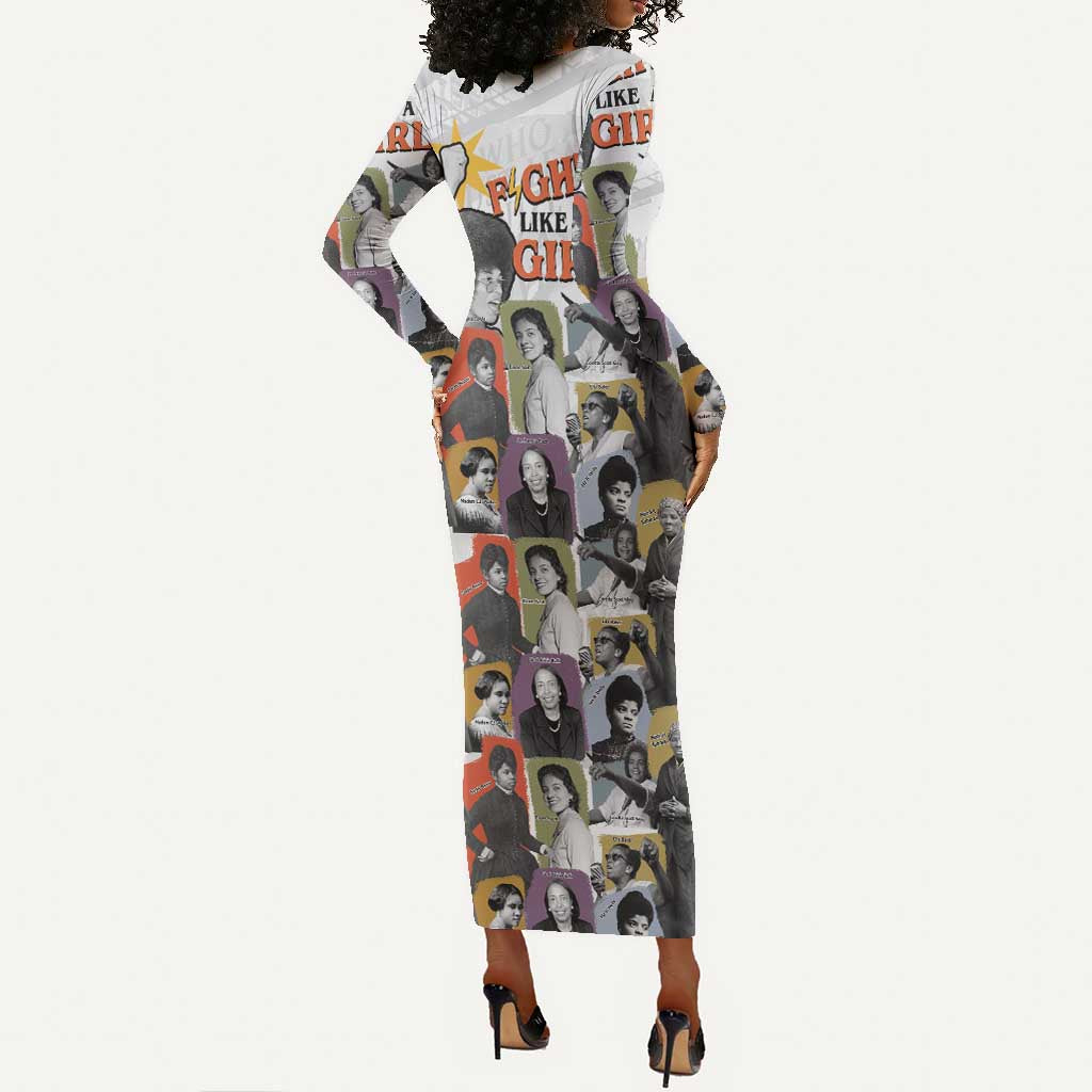 Black History Fight Like A Girl Long Sleeve Bodycon Dress African Feminist Icons and Bold Retro Art Style - African Pride