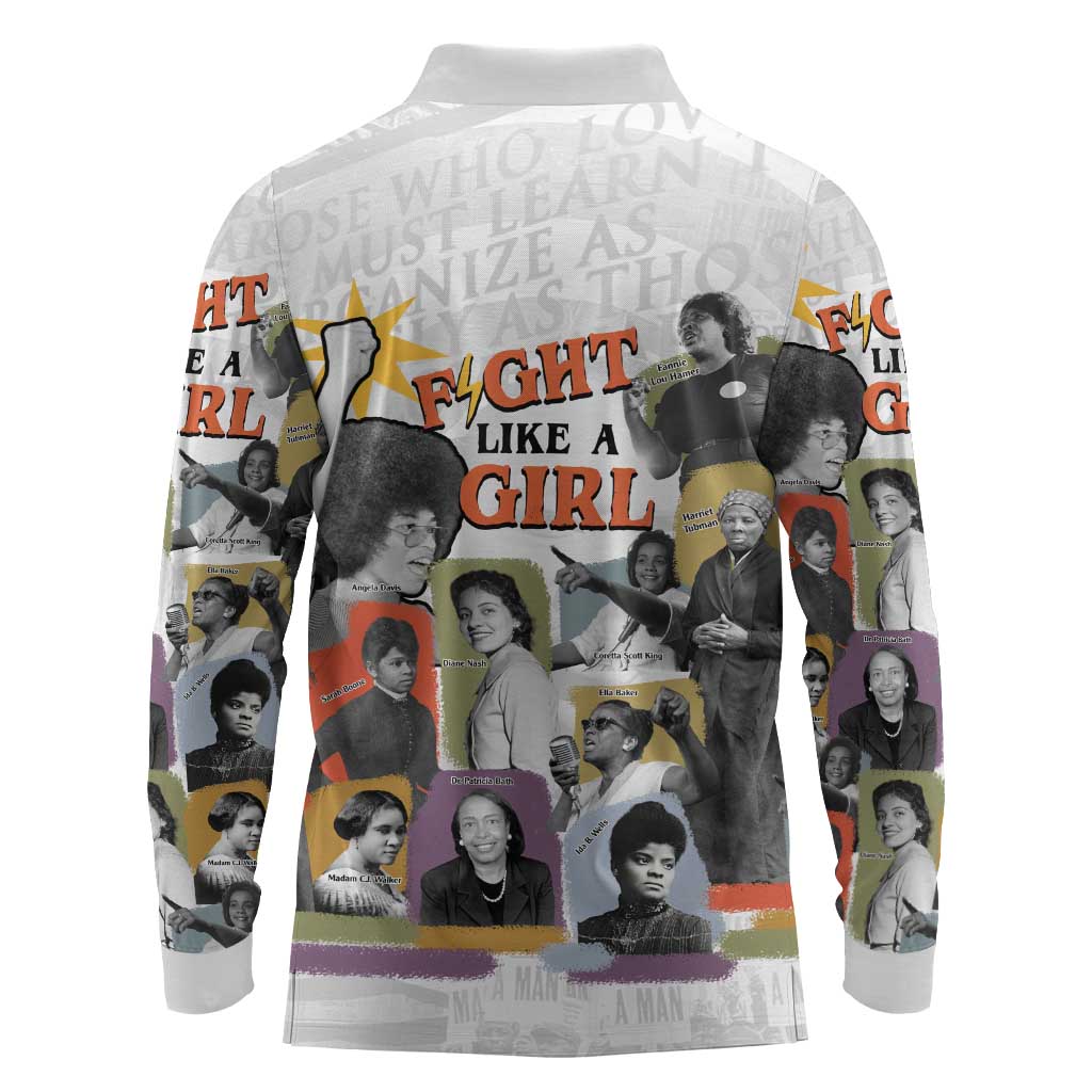 Black History Fight Like A Girl Long Sleeve Polo Shirt African Feminist Icons and Bold Retro Art Style - African Pride