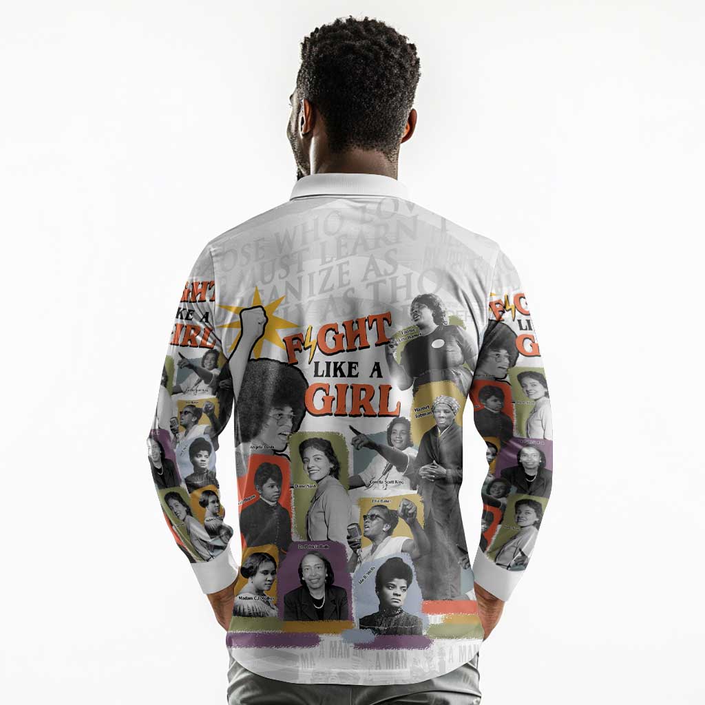 Black History Fight Like A Girl Long Sleeve Polo Shirt African Feminist Icons and Bold Retro Art Style - African Pride