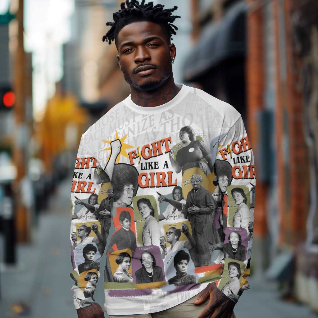 Black History Fight Like A Girl Long Sleeve Shirt African Feminist Icons and Bold Retro Art Style - African Pride