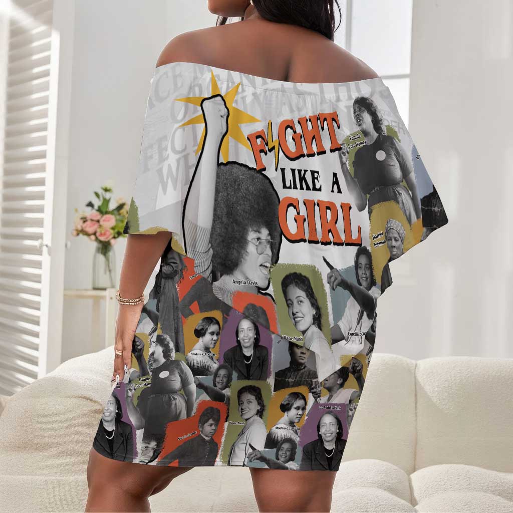 Black History Fight Like A Girl Off Shoulder Short Dress African Feminist Icons and Bold Retro Art Style - African Pride