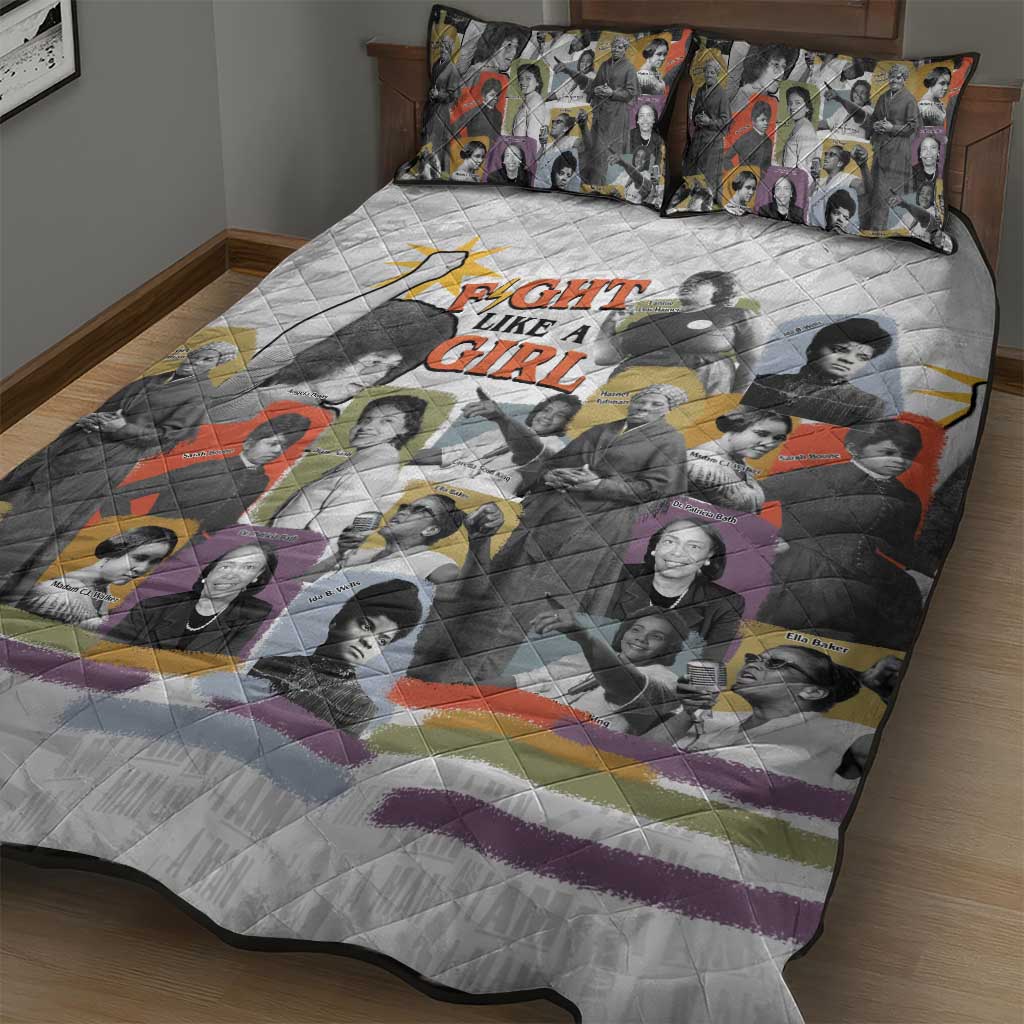 Black History Fight Like A Girl Quilt Bed Set African Feminist Icons and Bold Retro Art Style - African Pride