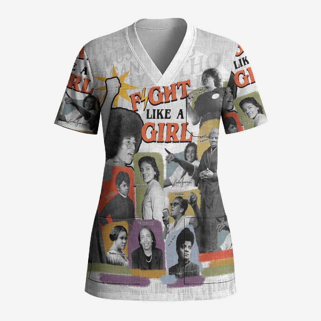 Black History Fight Like A Girl Scrub Top African Feminist Icons and Bold Retro Art Style - African Pride