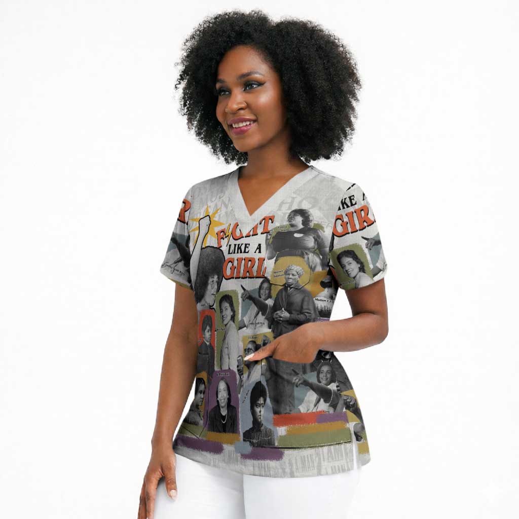 Black History Fight Like A Girl Scrub Top African Feminist Icons and Bold Retro Art Style - African Pride