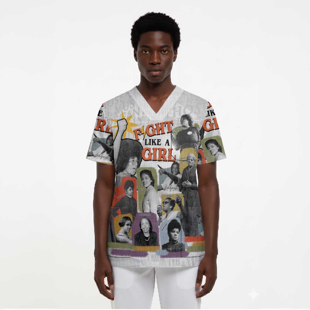 Black History Fight Like A Girl Scrub Top African Feminist Icons and Bold Retro Art Style - African Pride
