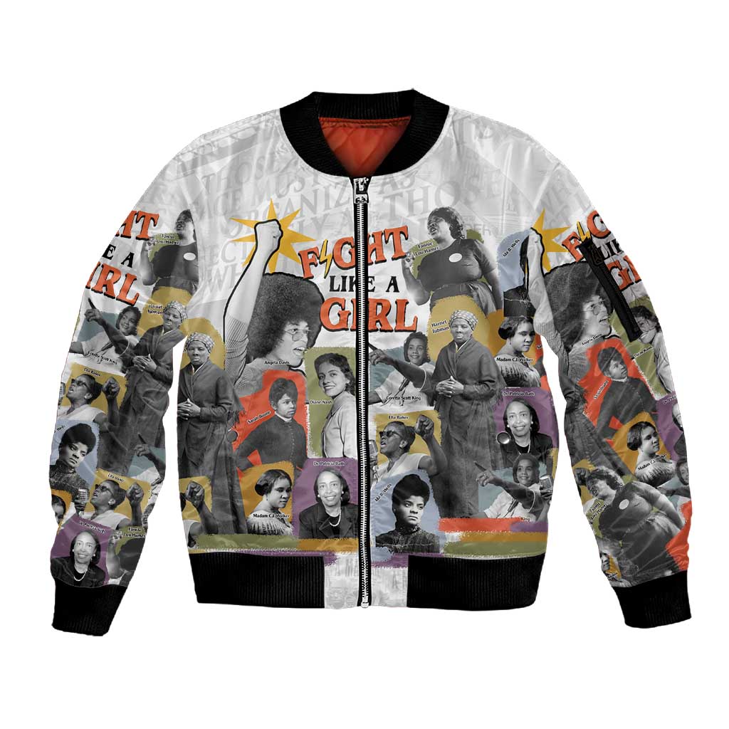 Black History Fight Like A Girl Sleeve Zip Bomber Jacket African Feminist Icons and Bold Retro Art Style - African Pride