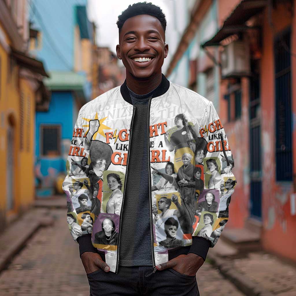 Black History Fight Like A Girl Sleeve Zip Bomber Jacket African Feminist Icons and Bold Retro Art Style - African Pride