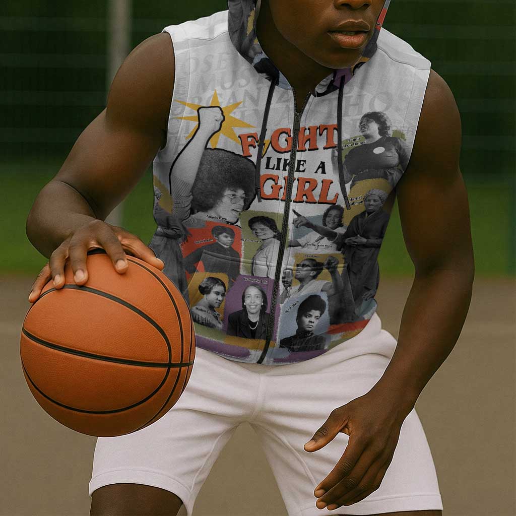 Black History Fight Like A Girl Sleeveless Zip Hoodie African Feminist Icons and Bold Retro Art Style - African Pride