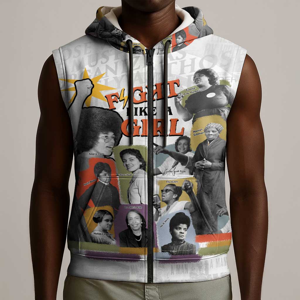 Black History Fight Like A Girl Sleeveless Zip Hoodie African Feminist Icons and Bold Retro Art Style - African Pride