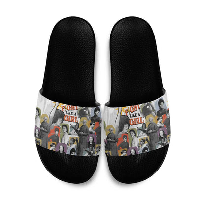 Black History Fight Like A Girl Slide Sandals African Feminist Icons and Bold Retro Art Style - African Pride