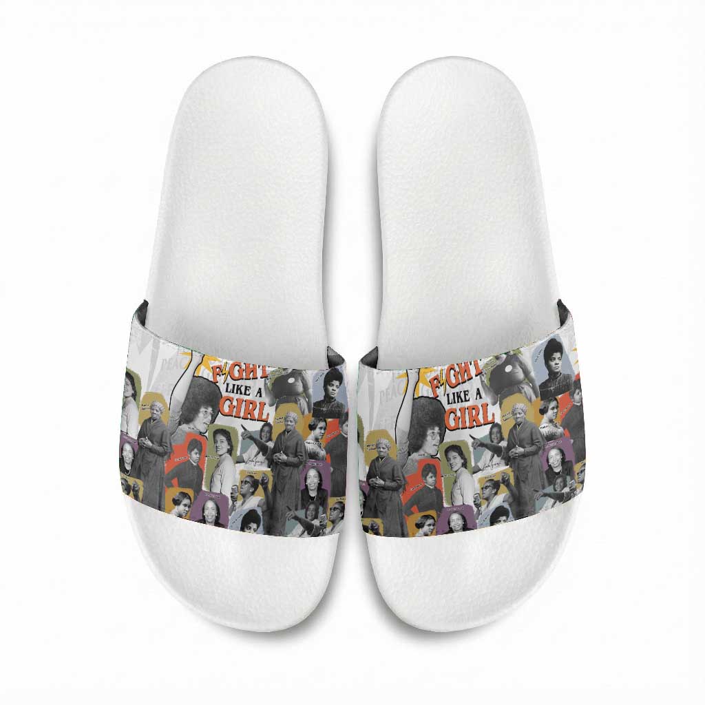 Black History Fight Like A Girl Slide Sandals African Feminist Icons and Bold Retro Art Style - African Pride