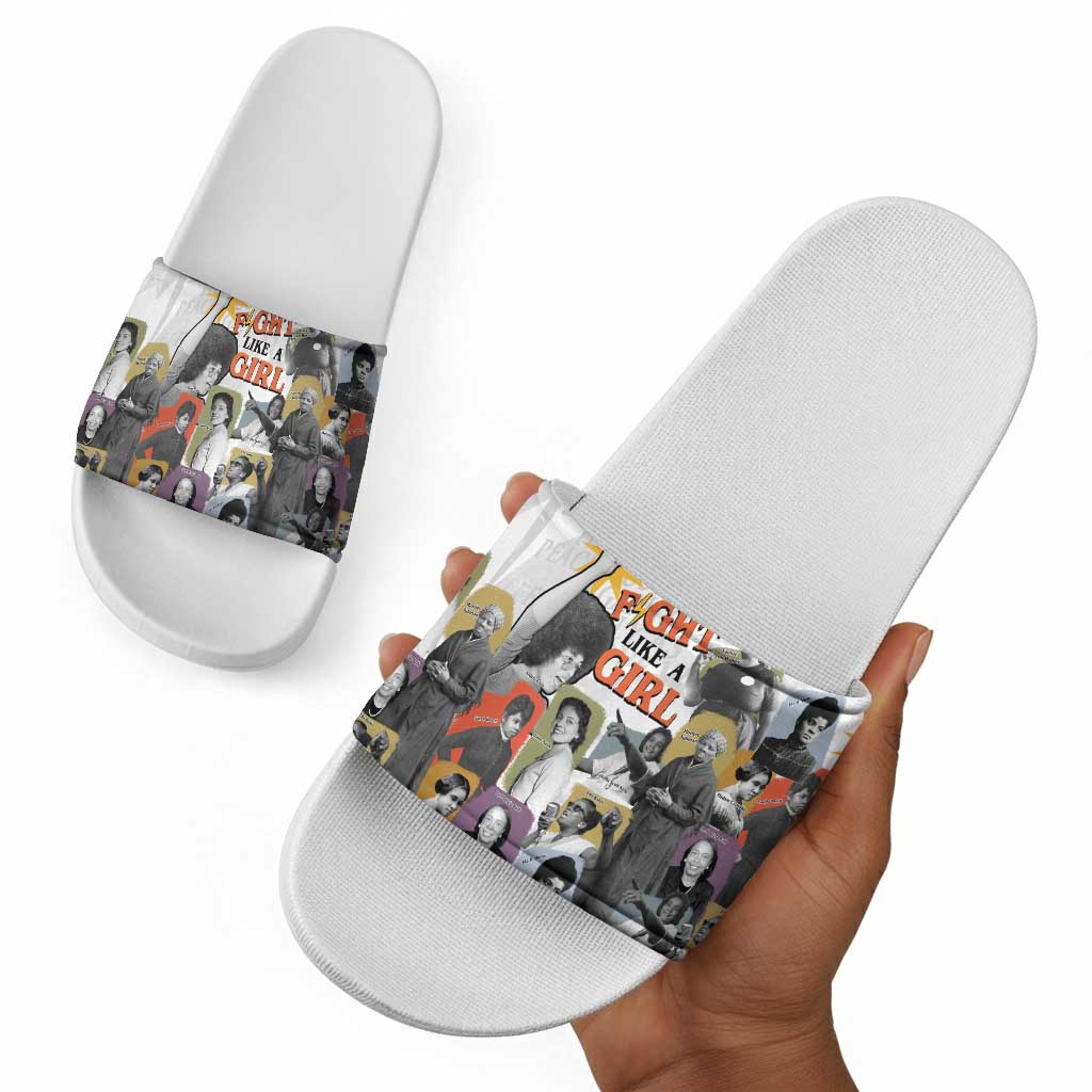 Black History Fight Like A Girl Slide Sandals African Feminist Icons and Bold Retro Art Style - African Pride