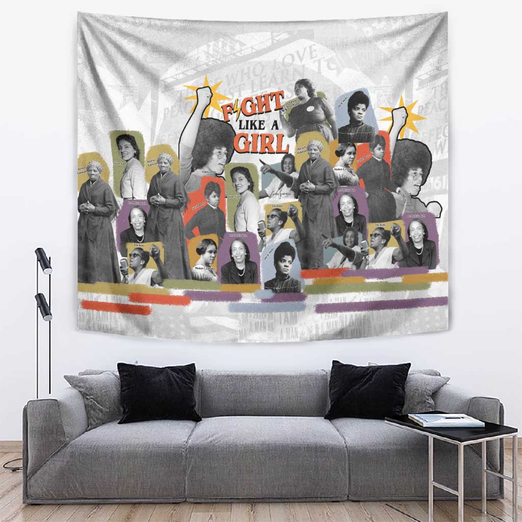 Black History Fight Like A Girl Tapestry African Feminist Icons and Bold Retro Art Style - African Pride