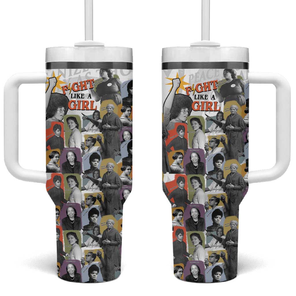 Black History Fight Like A Girl Tumbler With Handle African Feminist Icons and Bold Retro Art Style - African Pride