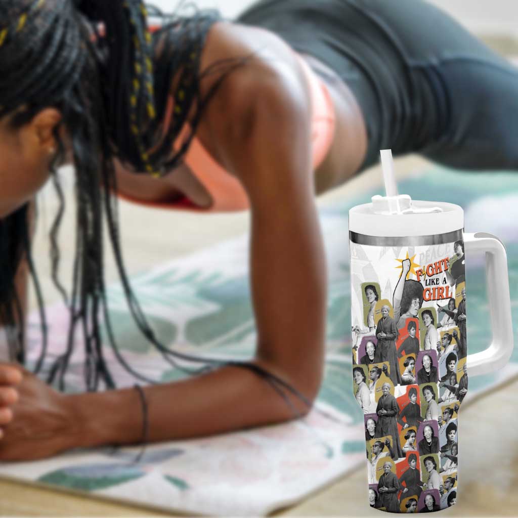 Black History Fight Like A Girl Tumbler With Handle African Feminist Icons and Bold Retro Art Style - African Pride