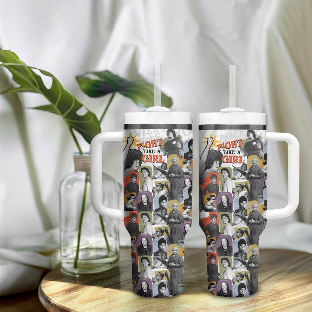 Black History Fight Like A Girl Tumbler With Handle African Feminist Icons and Bold Retro Art Style - African Pride