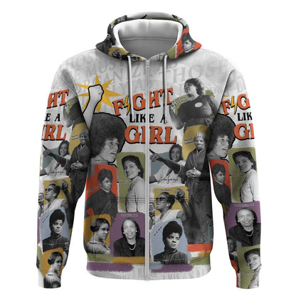 Black History Fight Like A Girl Zip Hoodie African Feminist Icons and Bold Retro Art Style - African Pride